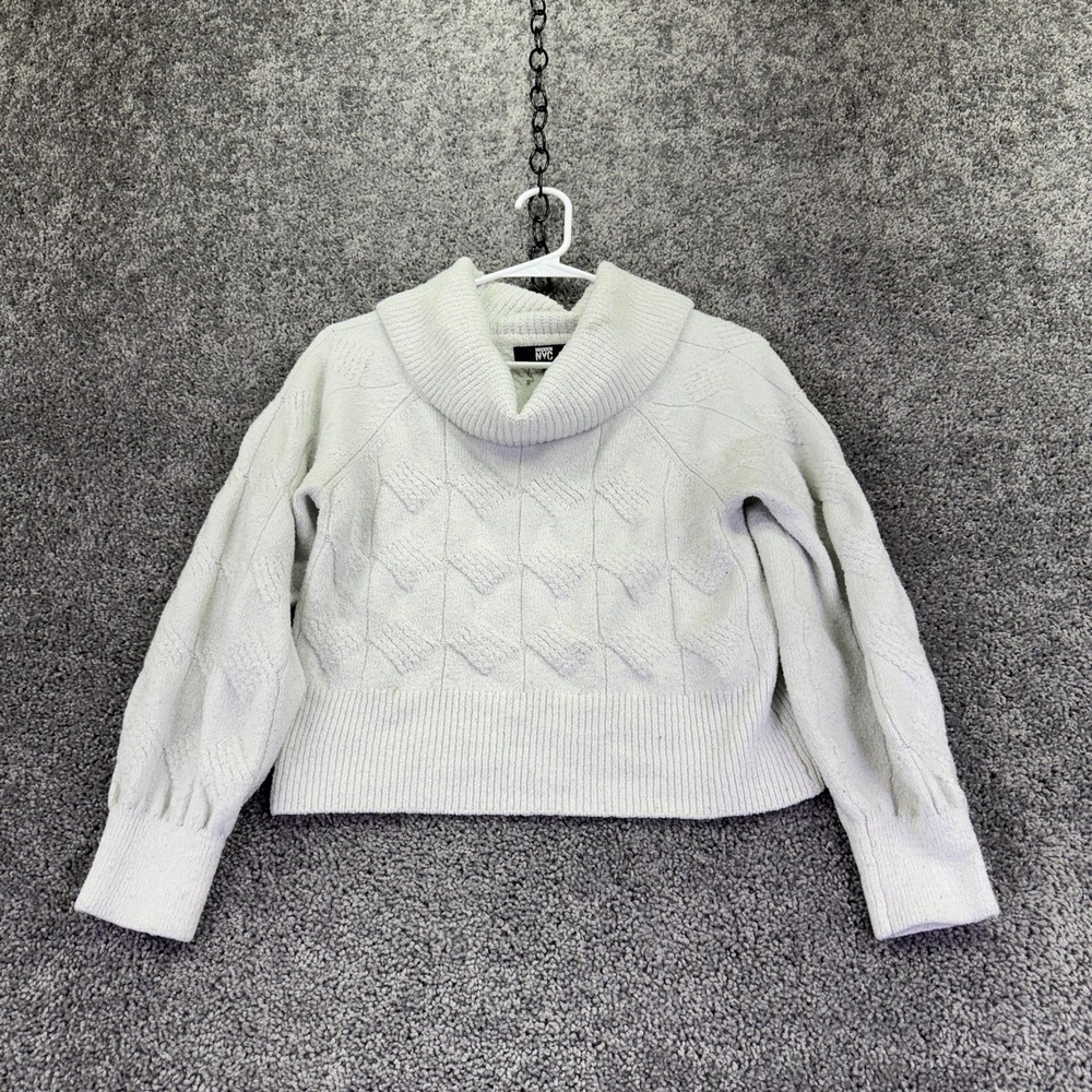 Madden NYC Sweater Womens S White Cowl Neck Cable Knit Pullover Balloon Sleeves